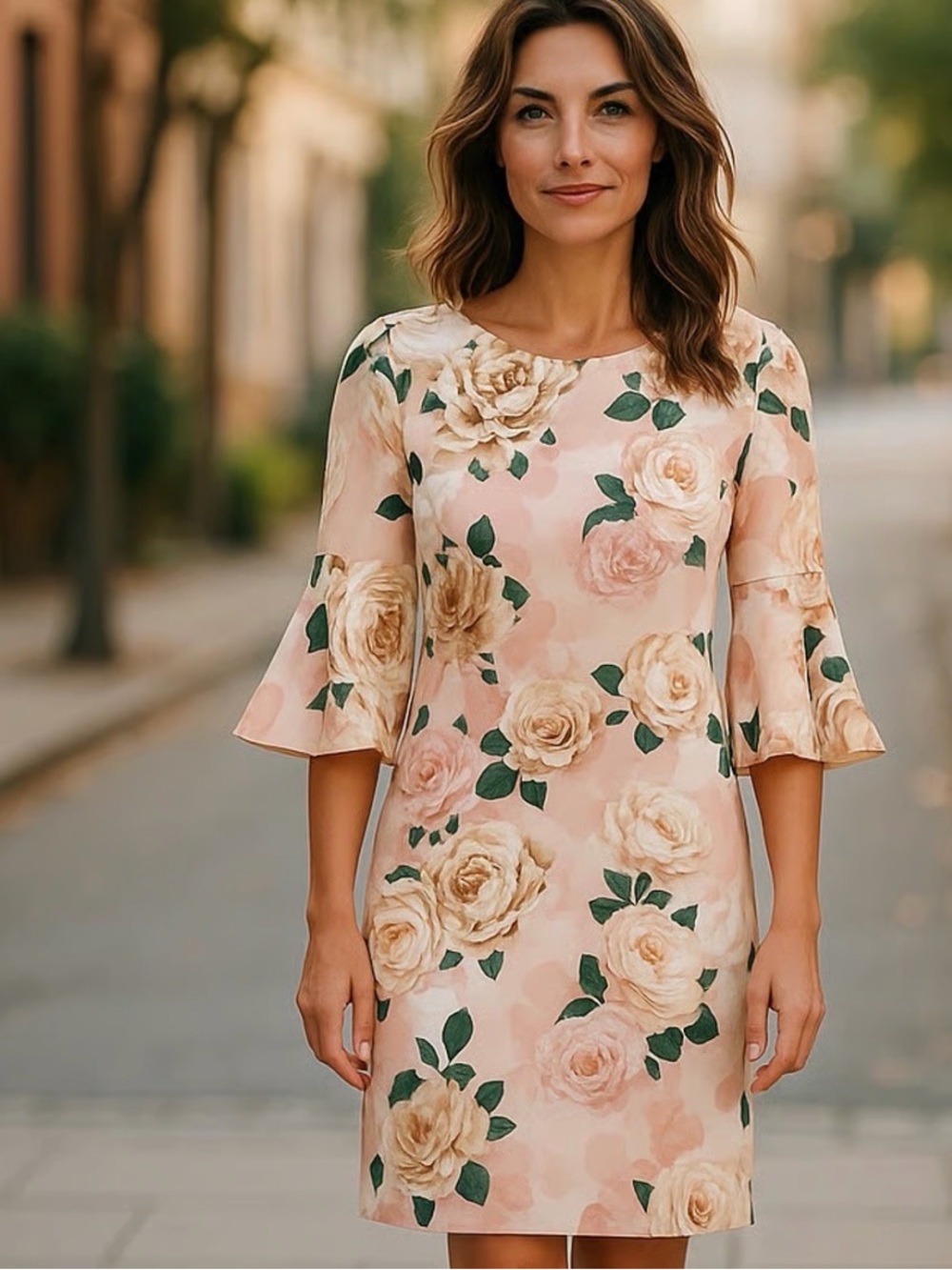 Calvin Klein Peach Floral Shift Dress with Bell Sleeves